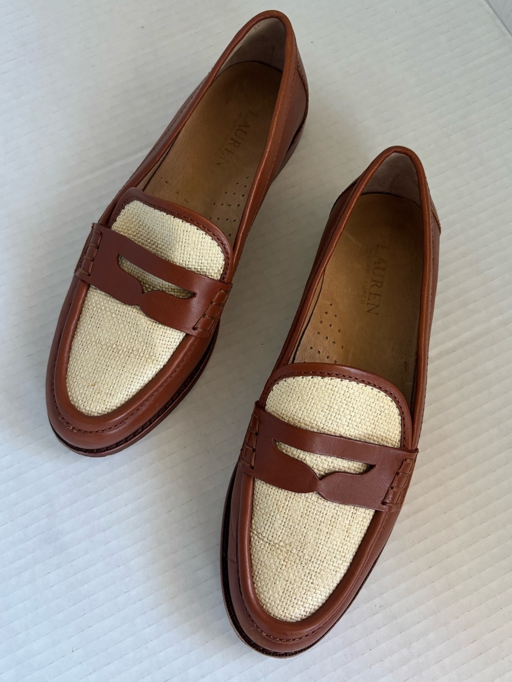 Lauren Ralph Lauren Wynnie Raffia Leather Penny Loafers Two Tone Sz 6